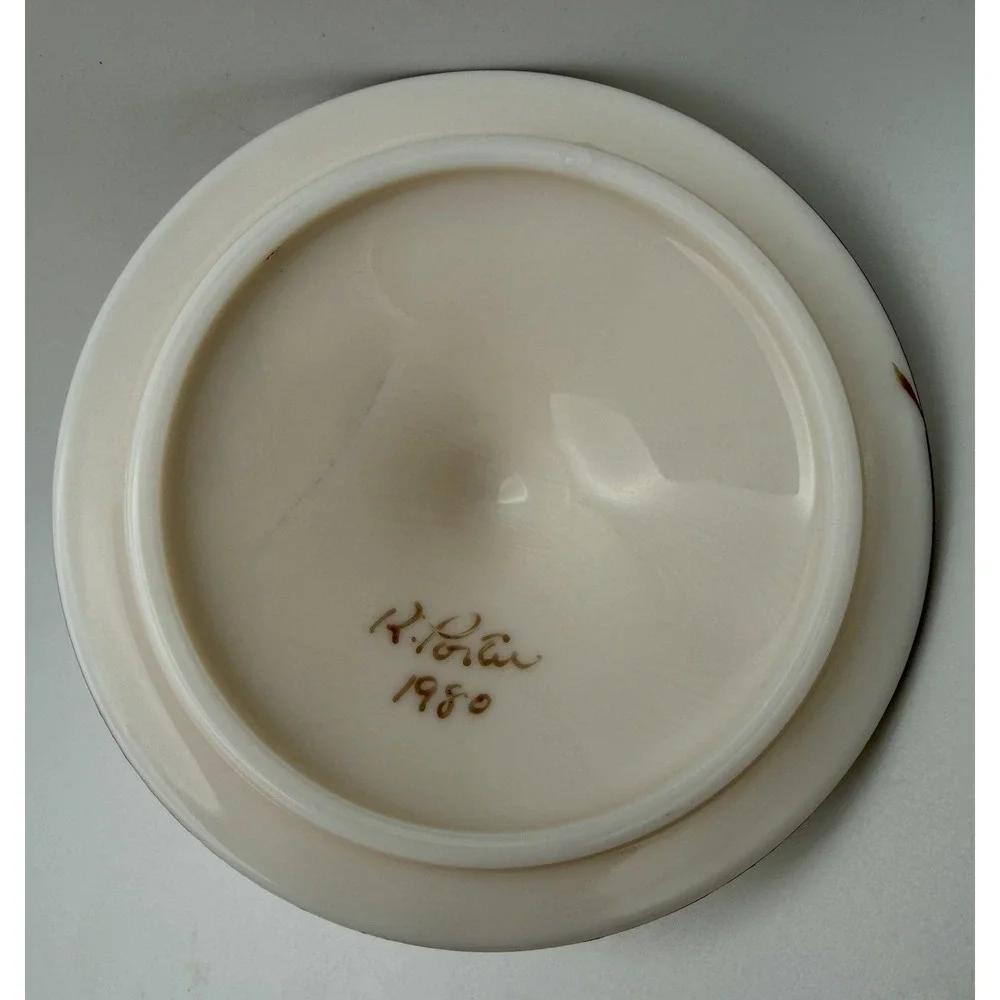 VTG 1980 Westmoreland Almond Milk Glass Covered Candy Dish Hand Painted & Signed